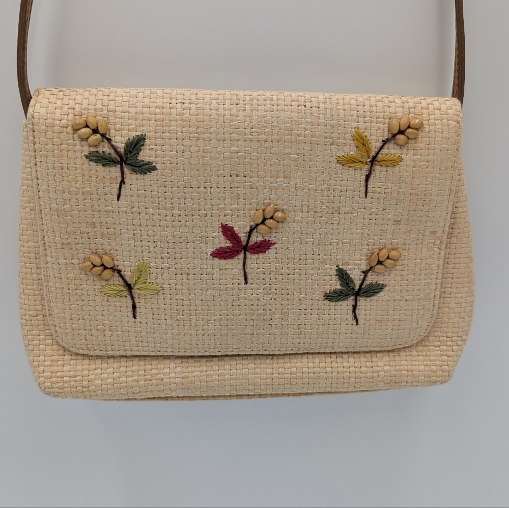 VTG Fossil Woven Straw Crossbody Bag Floral Embroidery Beaded Cottagecore Cream